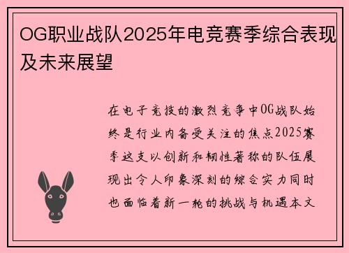 OG职业战队2025年电竞赛季综合表现及未来展望