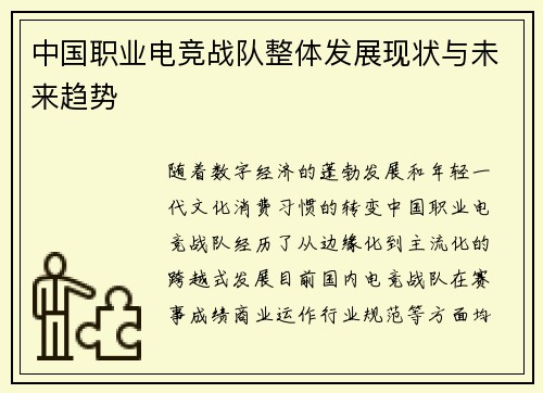 中国职业电竞战队整体发展现状与未来趋势